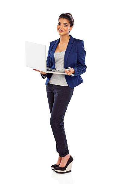 customer support Portrait of happy young Indian woman holding a laptop and credit card over white background